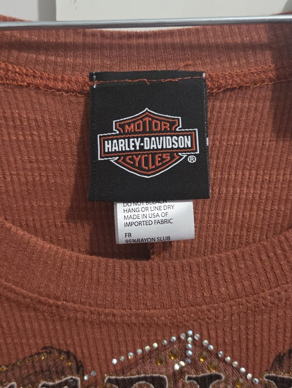 NWOT Vintage Harley-Davidson Flowy Sleeve Rust Bling Graphic Eagle Tee - Picture 4 of 7